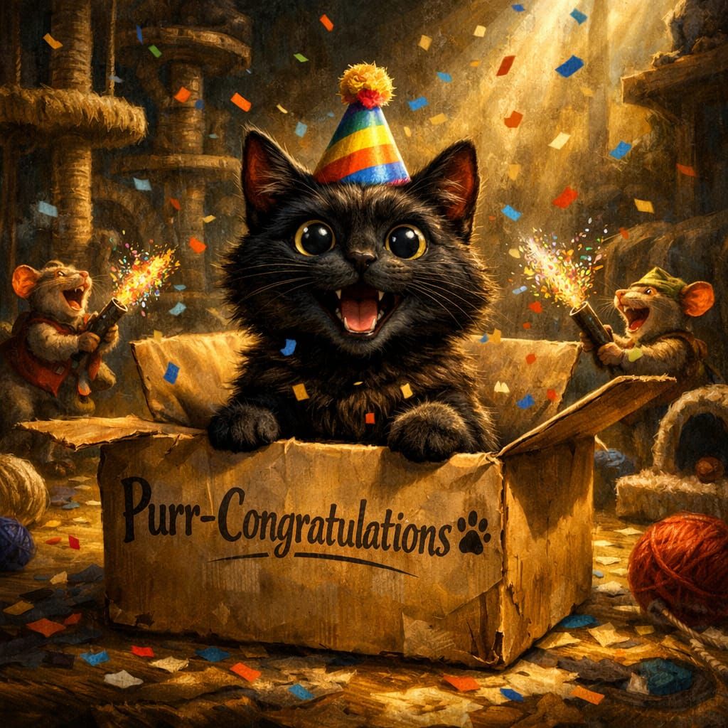 Humorous Cat Celebrates in Box, Epic Fantasy Style