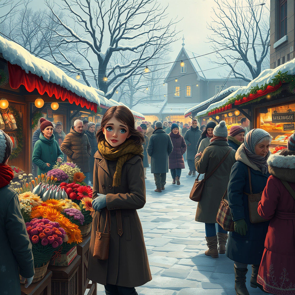 Vibrant Winter Market Scene in Stylized Realism