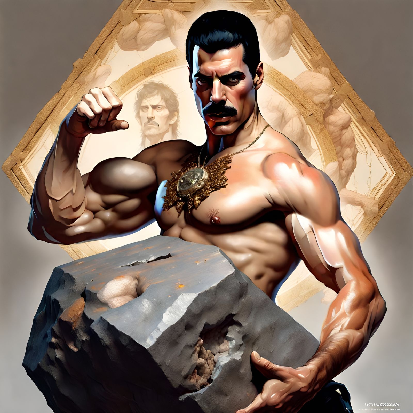 Muscular Man Holding Rock: 3D Digital Art