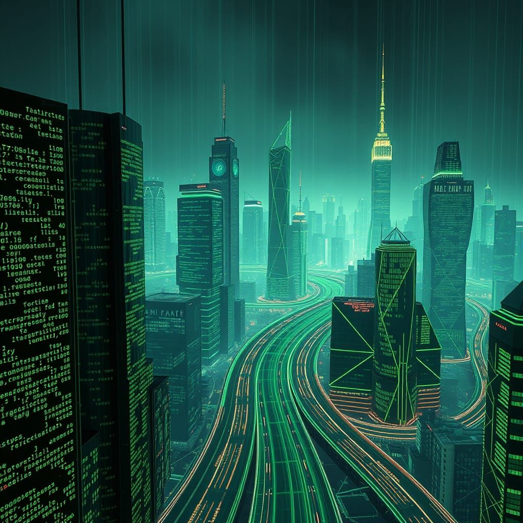 Cyberpunk Cityscape of Glowing Green Code