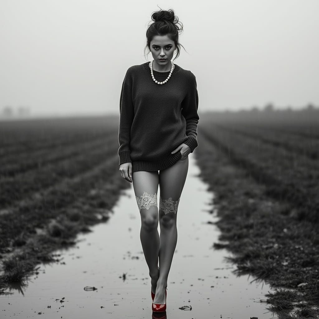 Elegant Woman in Monochrome Fashion, Rainy Day Chic