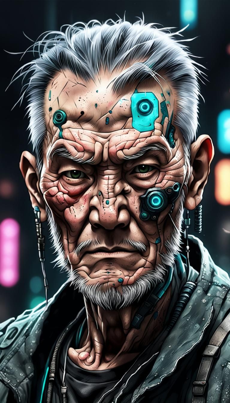 Japanese Old man living in a cyberpunk world