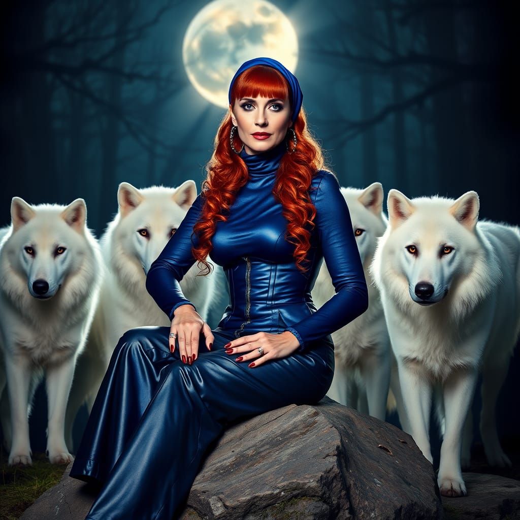 Elegant Secretary with Wolves in Moonlit Forest