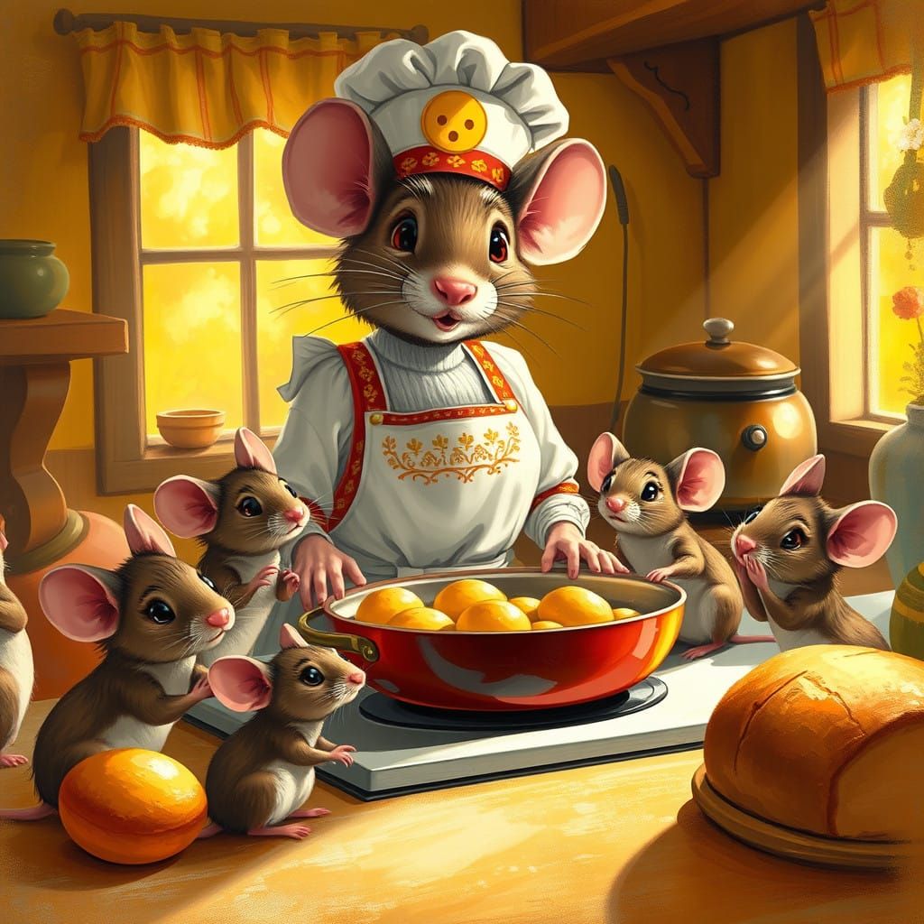 Mother Mouse Enjoys a Warm Family Moment in a Cozy Kitchen S...