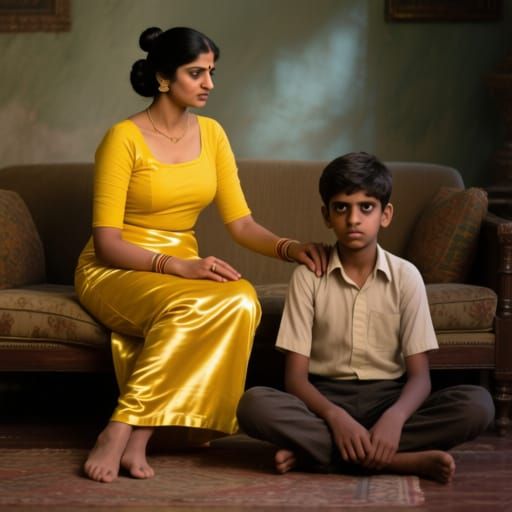 Indian Woman Admonishes Boy on Sofa