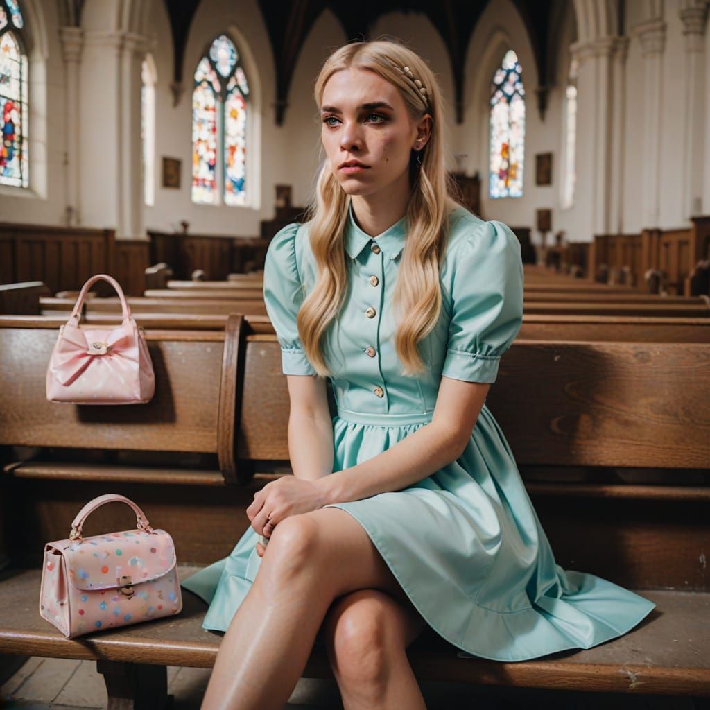 Androgynous Guy in Girlish Dress on Church Bench
