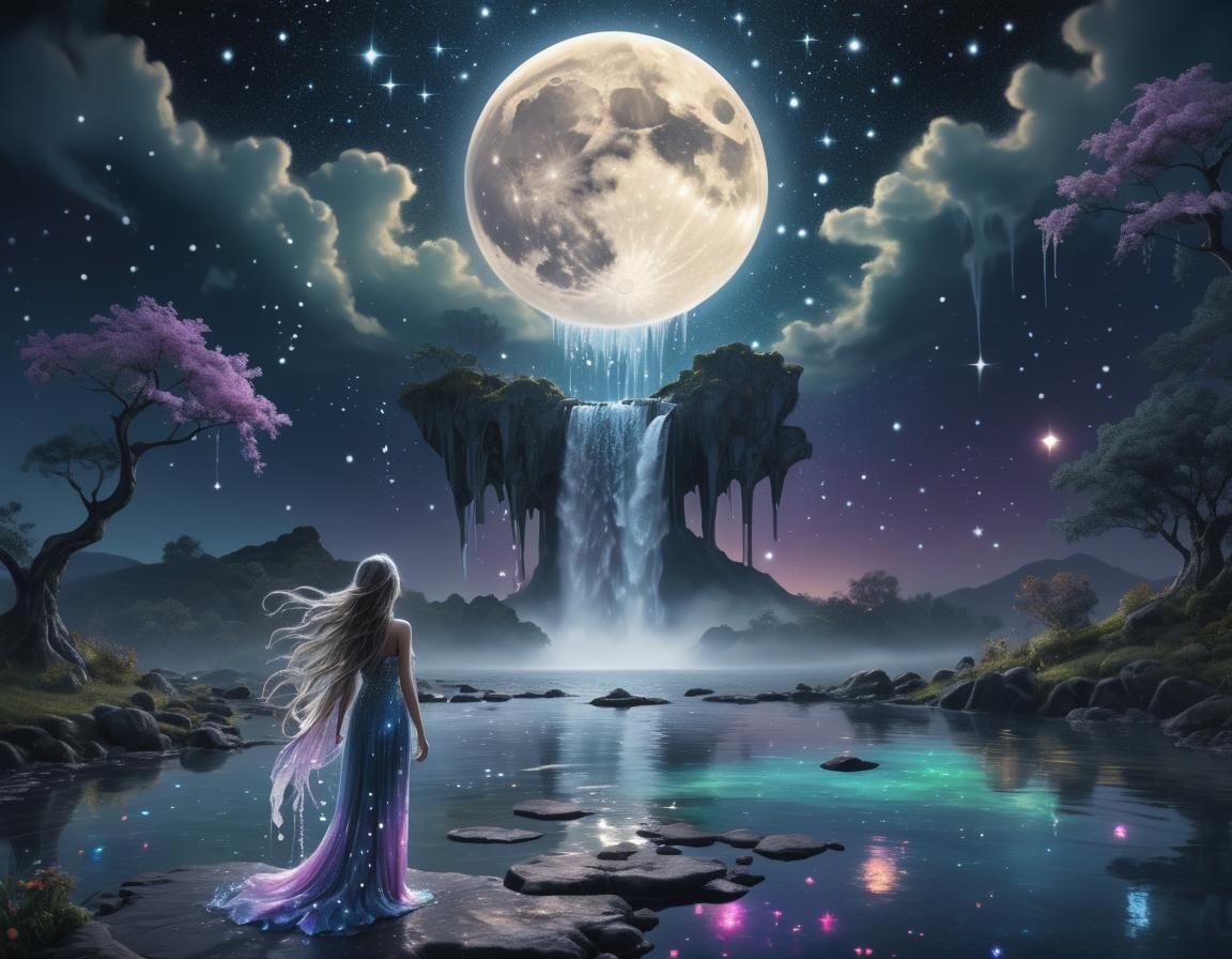 Moonlit Waterfall Dreamscape with Fairytale Creatures