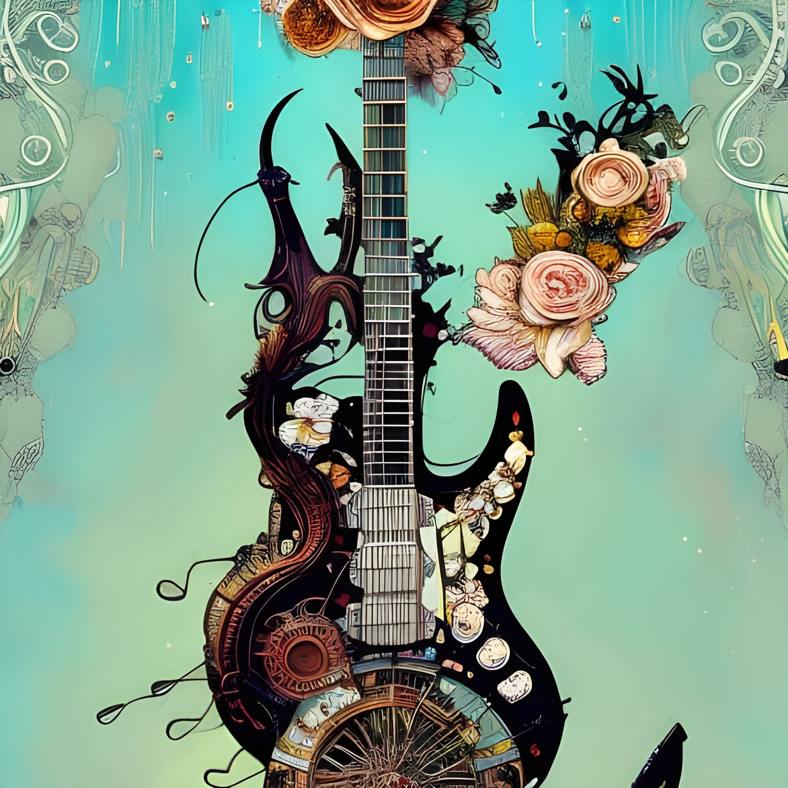 Steampunk Art Nouveau Guitar Digital Illustration