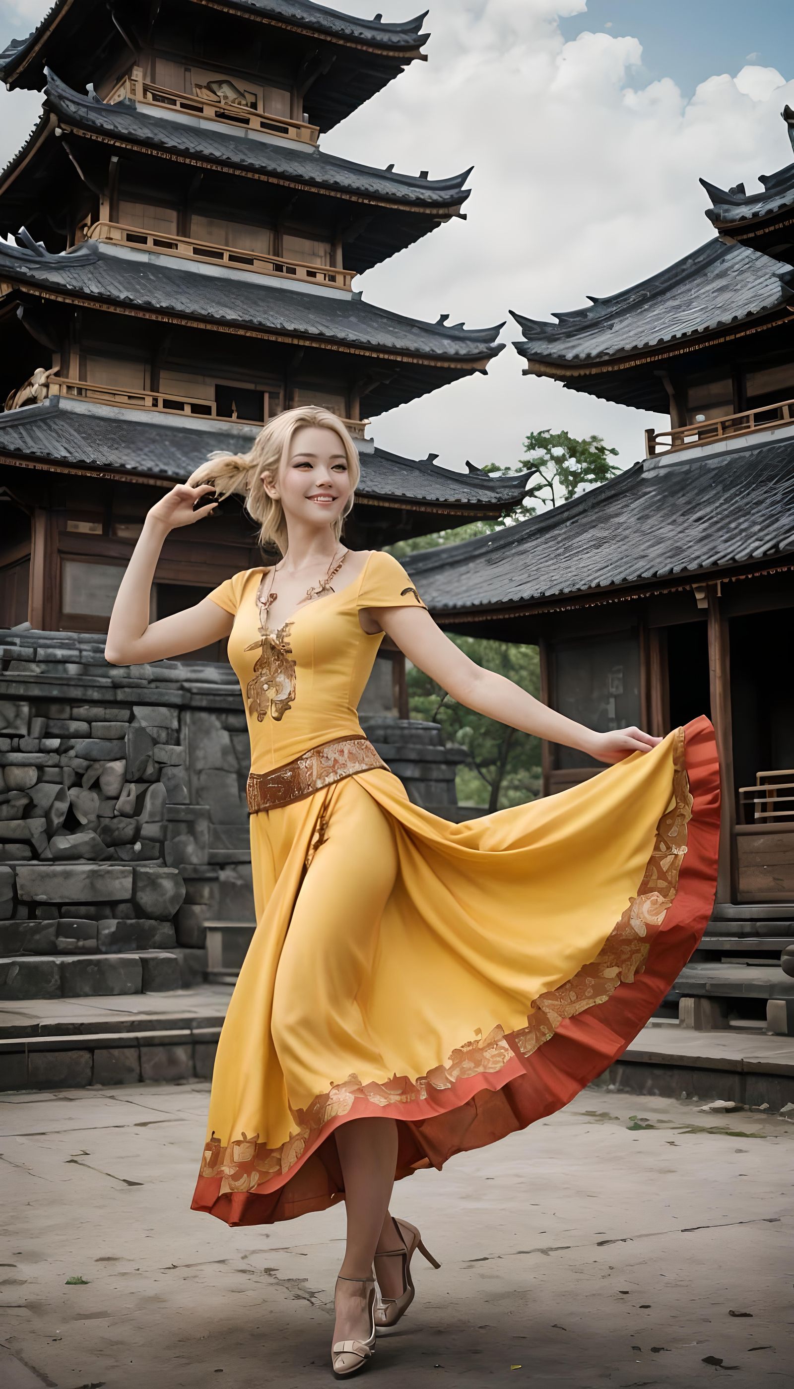 Anime Style Blonde in Oriental Setting
