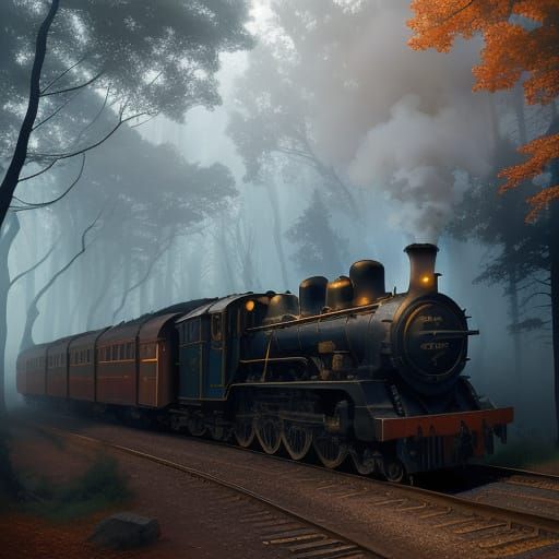 Majestic Steam Train Speeds Through Ancient Forest in Golden...