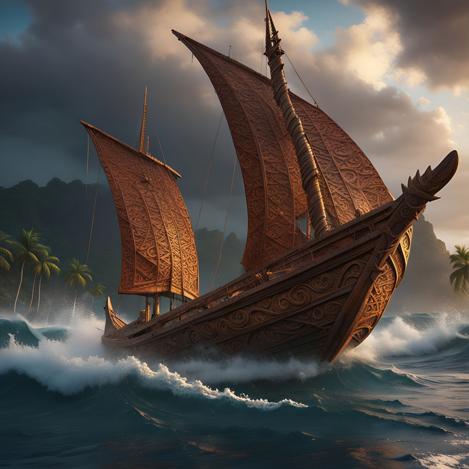 Polynesian boat on rough sea.