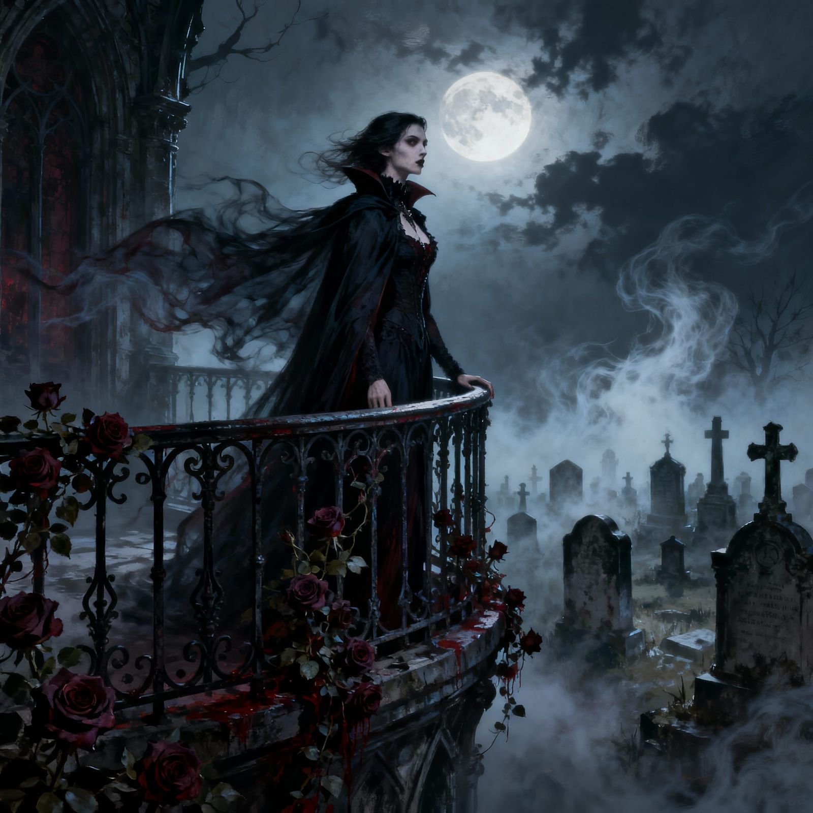 Gothic Vampire Noblewoman on Moonlit Balcony