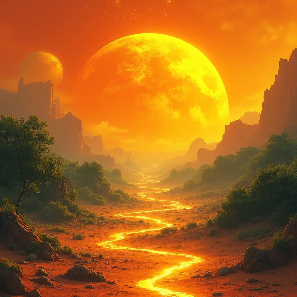 Glowing Summer Planet with Golden Atmosphere and Vibrant Lan...