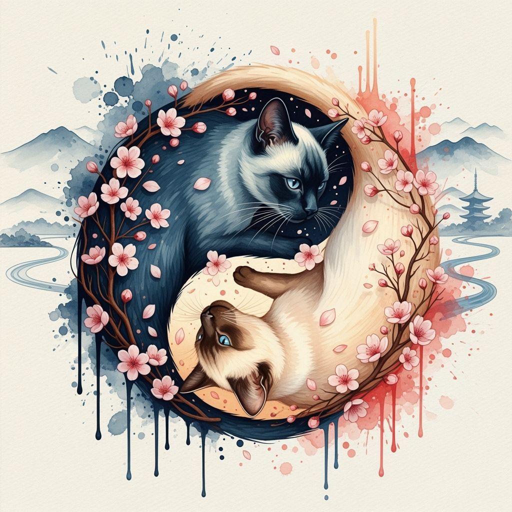 Siamese Cats in Yin-Yang Watercolor Painting