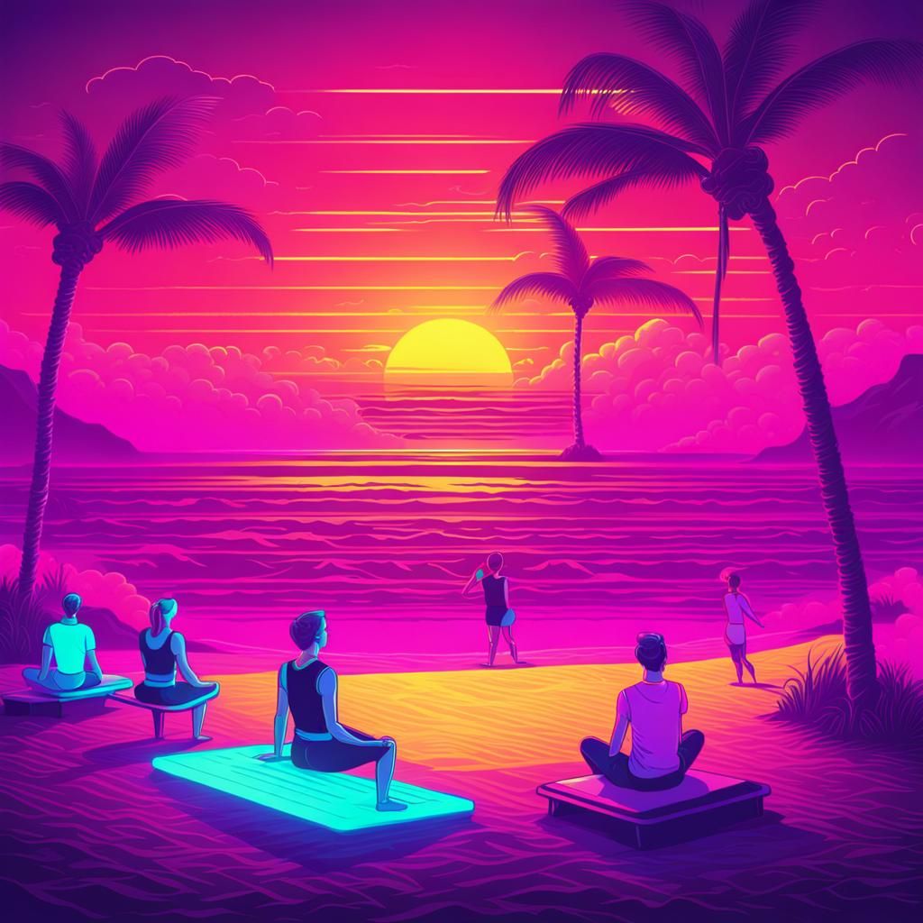 People Doing Pilates on the Beach in Synthwave Style