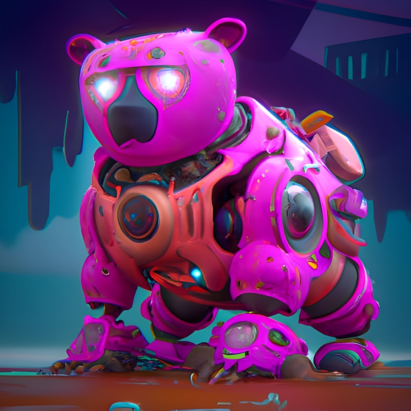 Pink Robot Bear in Detailed Matte Painting