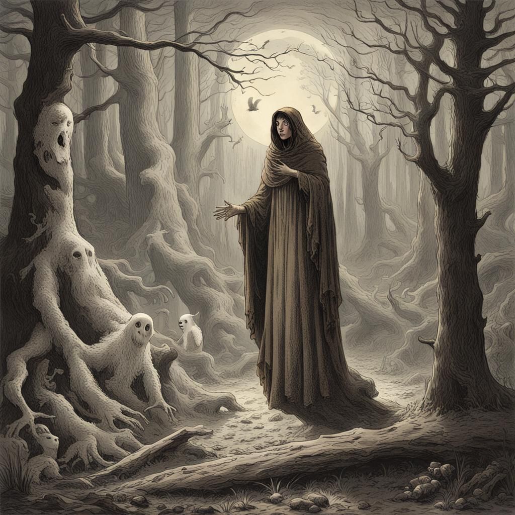 Woman and Ghost in Dark Woods, Engraving Style