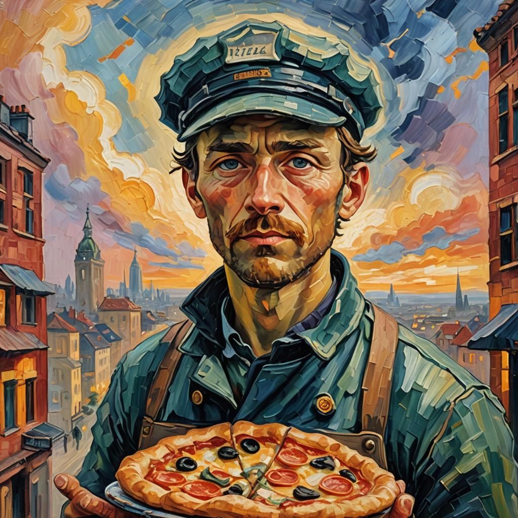 Pizza Delivery in Cloud City as Impasto Painting