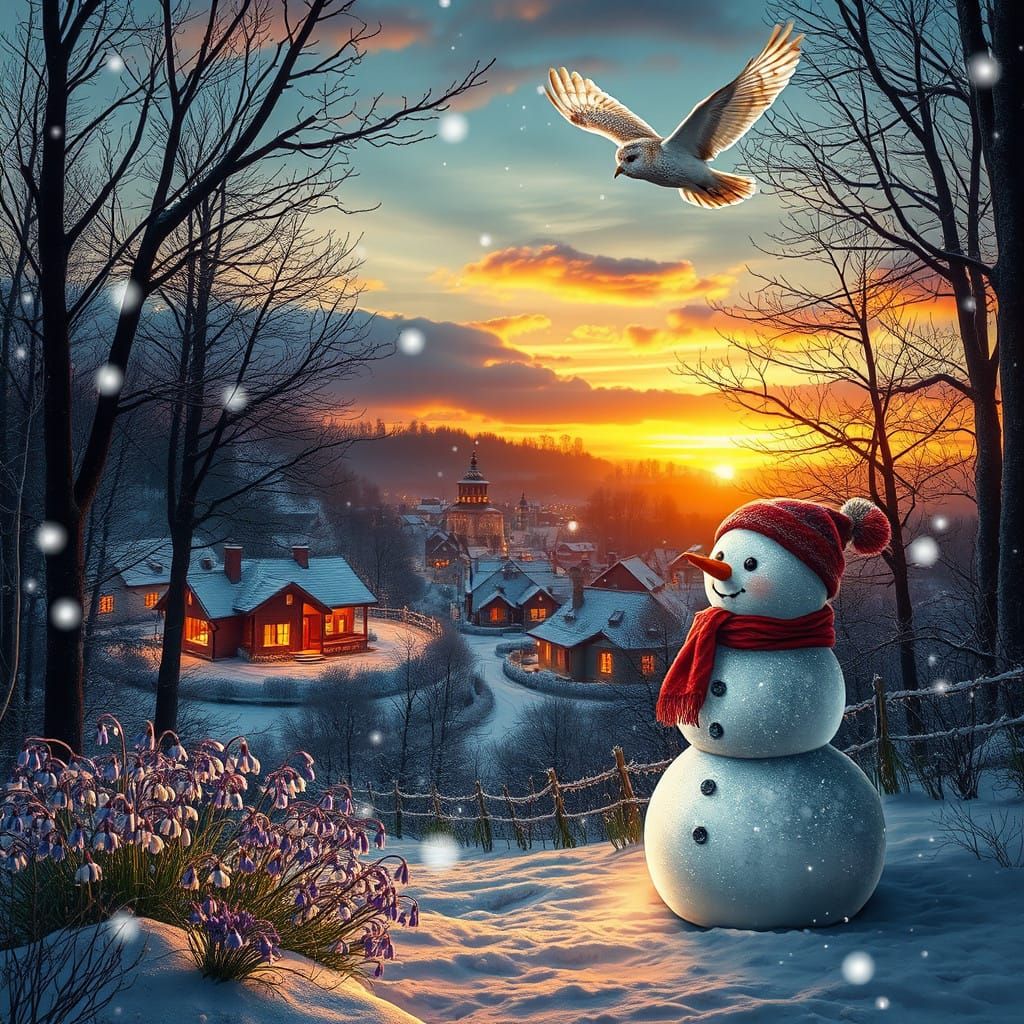 Winter Wonderland Scene of Snowy Village Under Glowing Night...