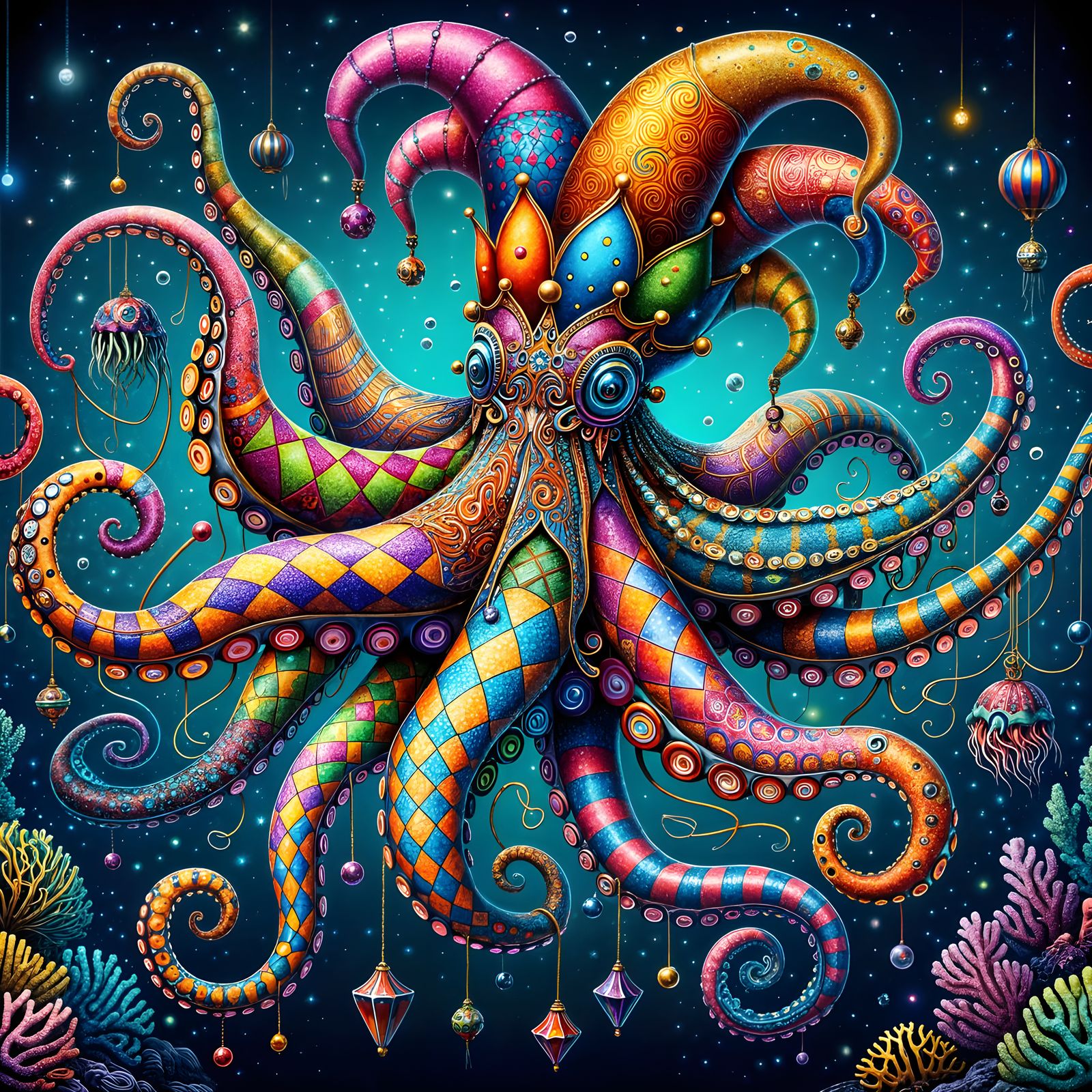 Vibrant Octopus Jester in Fantastical Underwater Realm