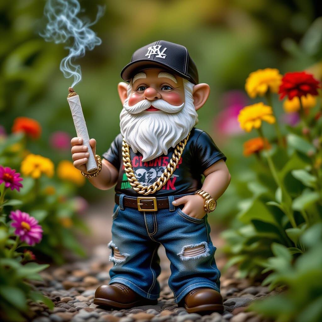 Hyper-Realistic Rapper Gnome in Cinematic Garden Scene