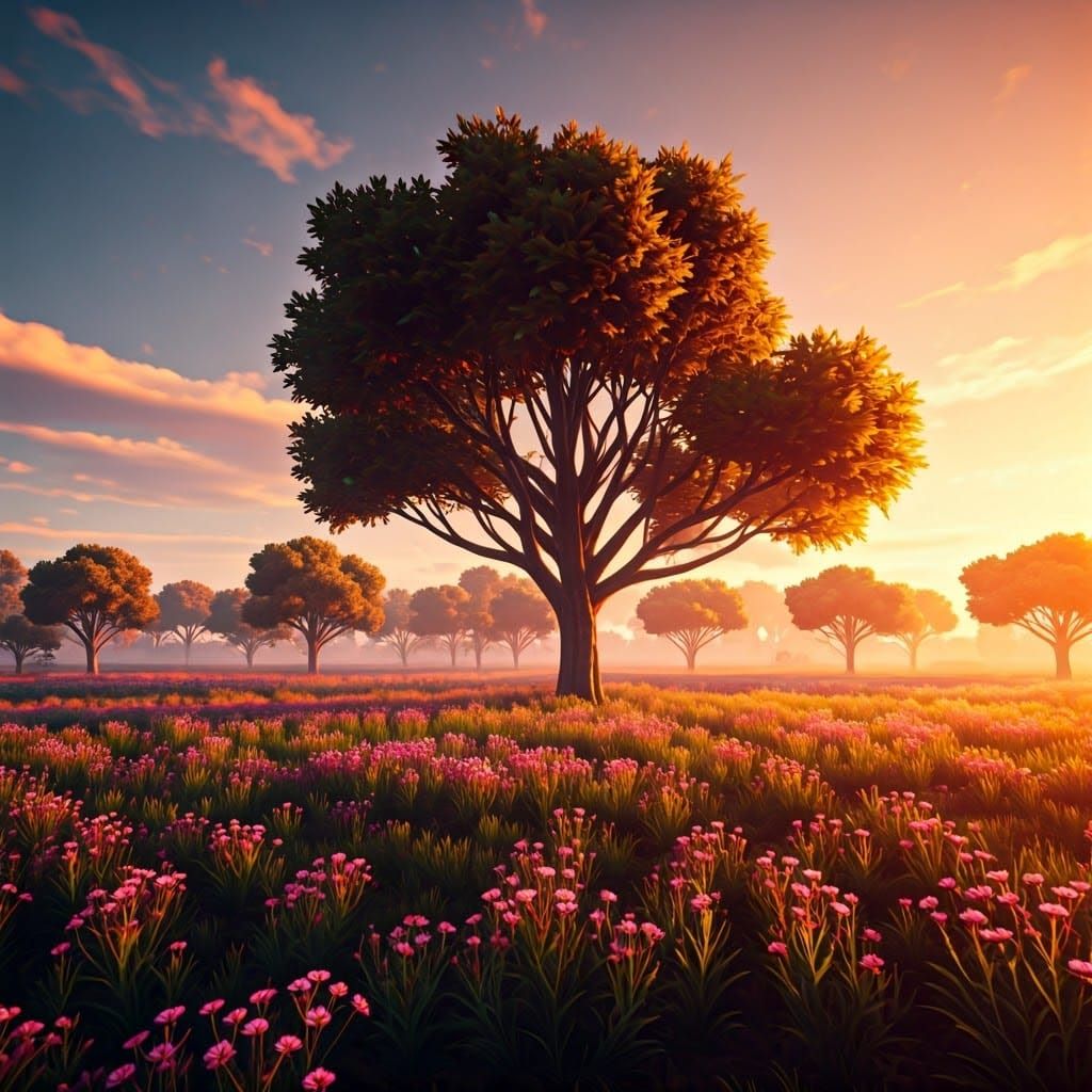 Surreal Landscape with Glowing Trees and Iridescent Mist