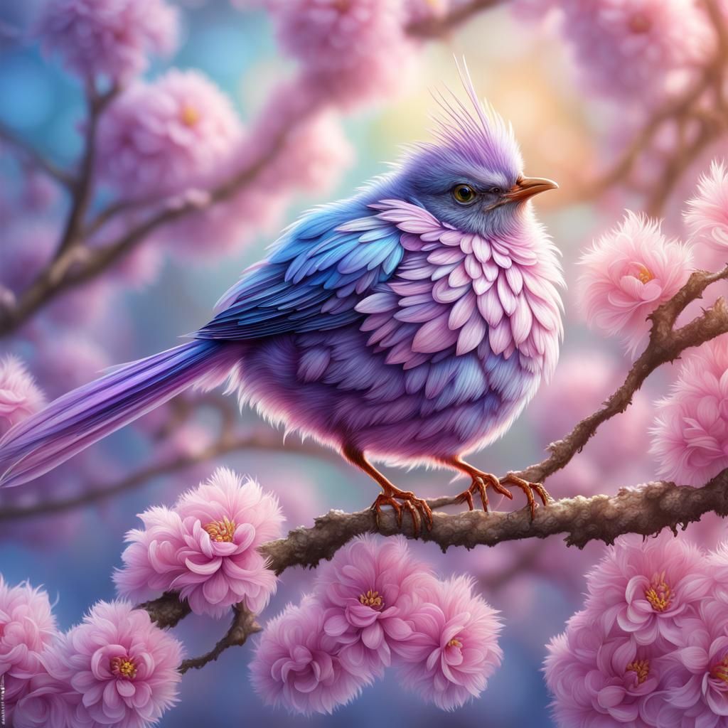 Hyperrealistic Iridescent Fairy Bird on Plum Branch
