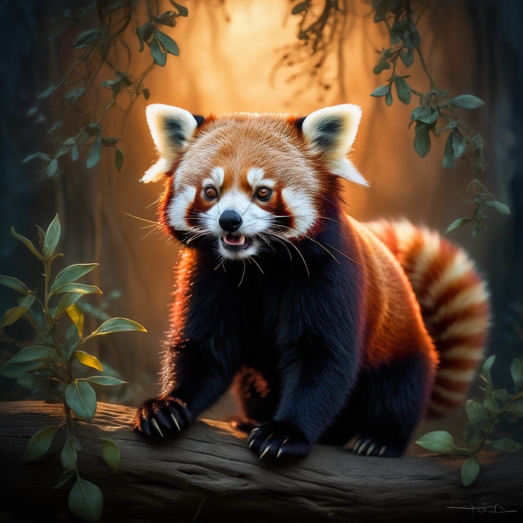 Adorable Baby Red Panda Silhouette in Bioluminescent Nature