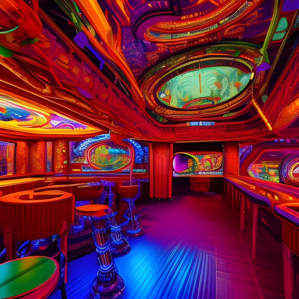 Interior of a cyberpunk bar, which looks a lot like a partic...