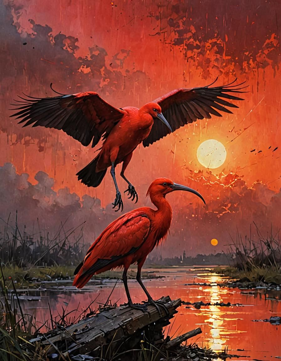 Scarlet Ibis Portrait in Oil with Dramatic Lighting