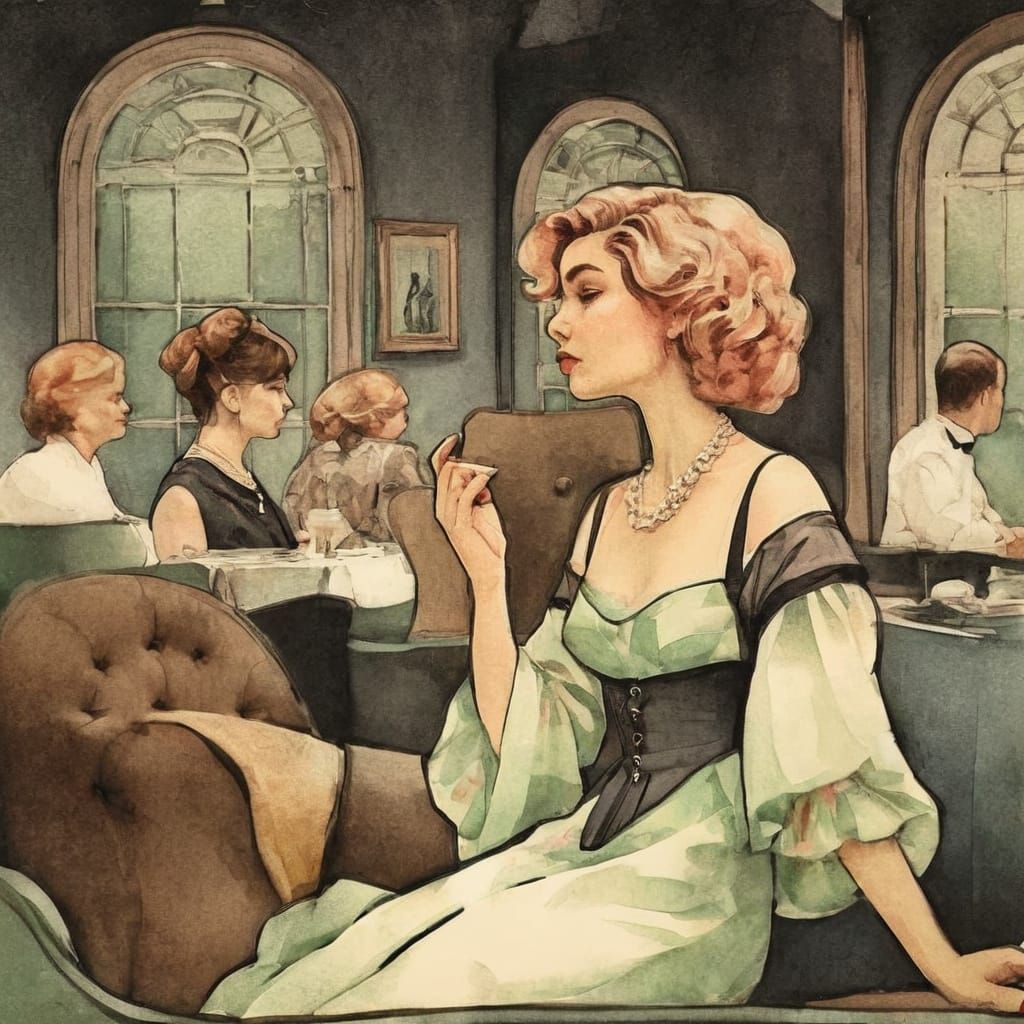 Vintage Ink Illustration of Woman in Watercolor