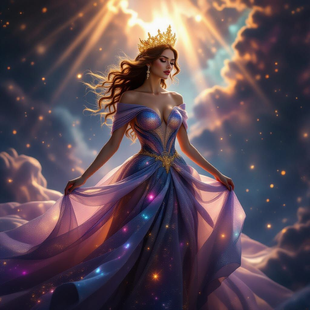 Celestial Queen in Galaxy Gown with Golden Crown