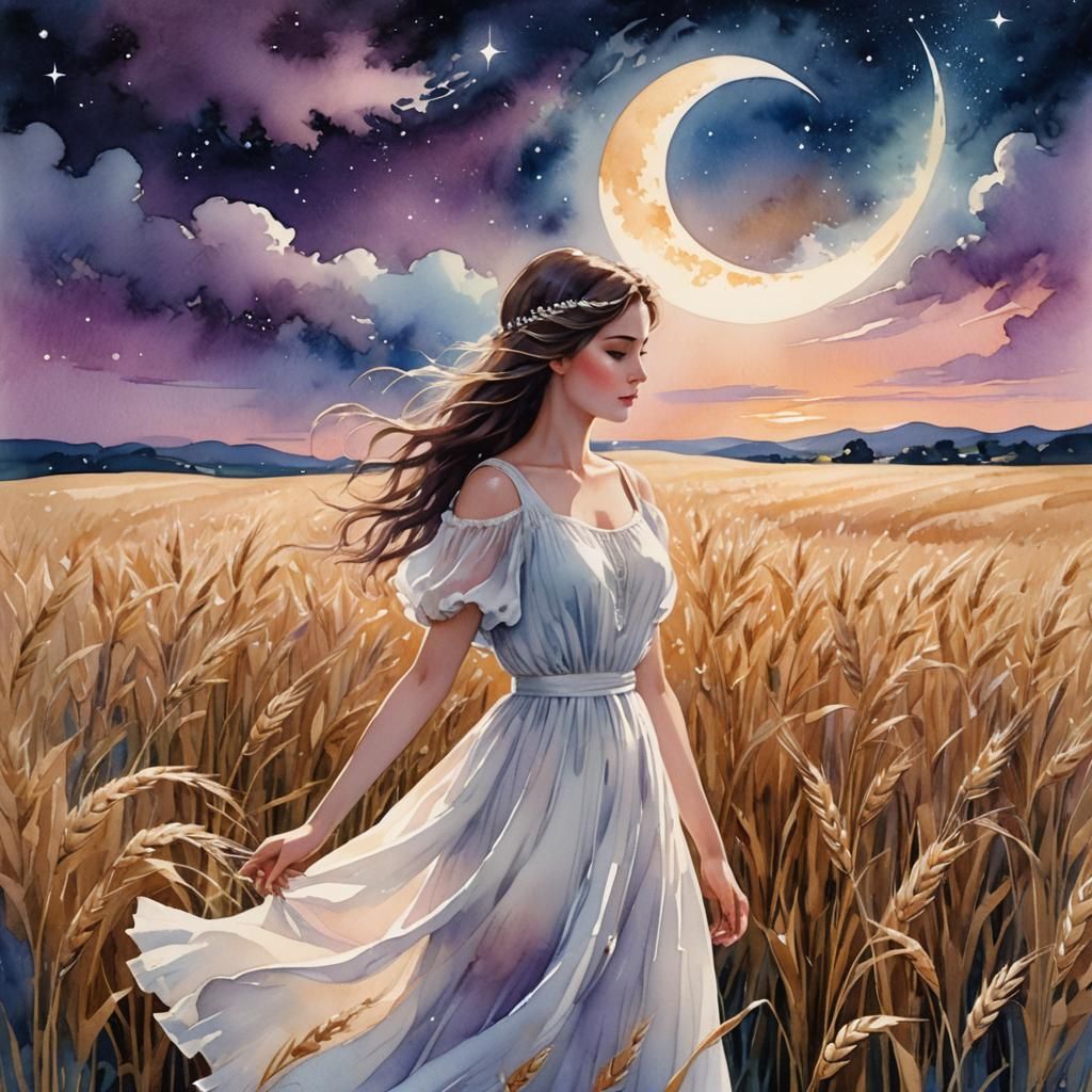 Dreamy Girl in Wheat Field: Watercolor Illustration