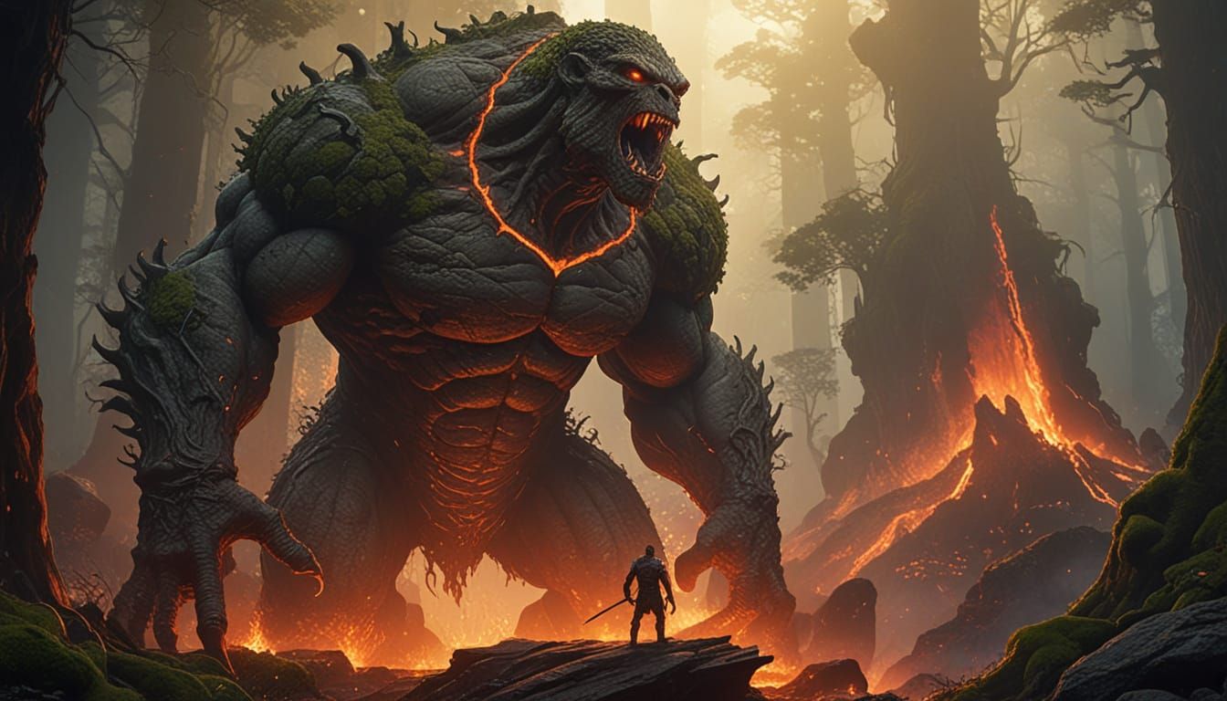 Primordial Colossus Protects Animals Amidst Volcanic Lava