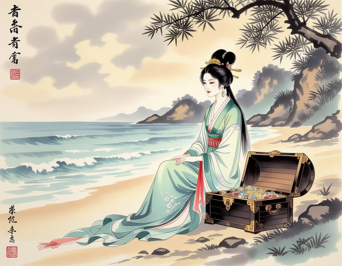 Medusa on Beach as Chinese Ink Painting