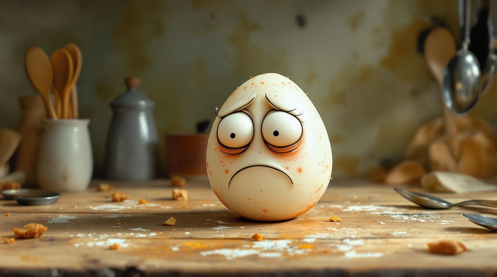 Melancholy Egg in a Kitchen Setting