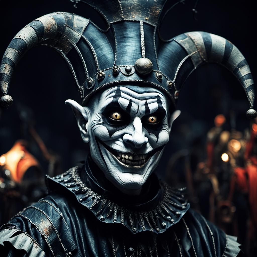 Sinister Jester Portrait in Dark Surrealism Style