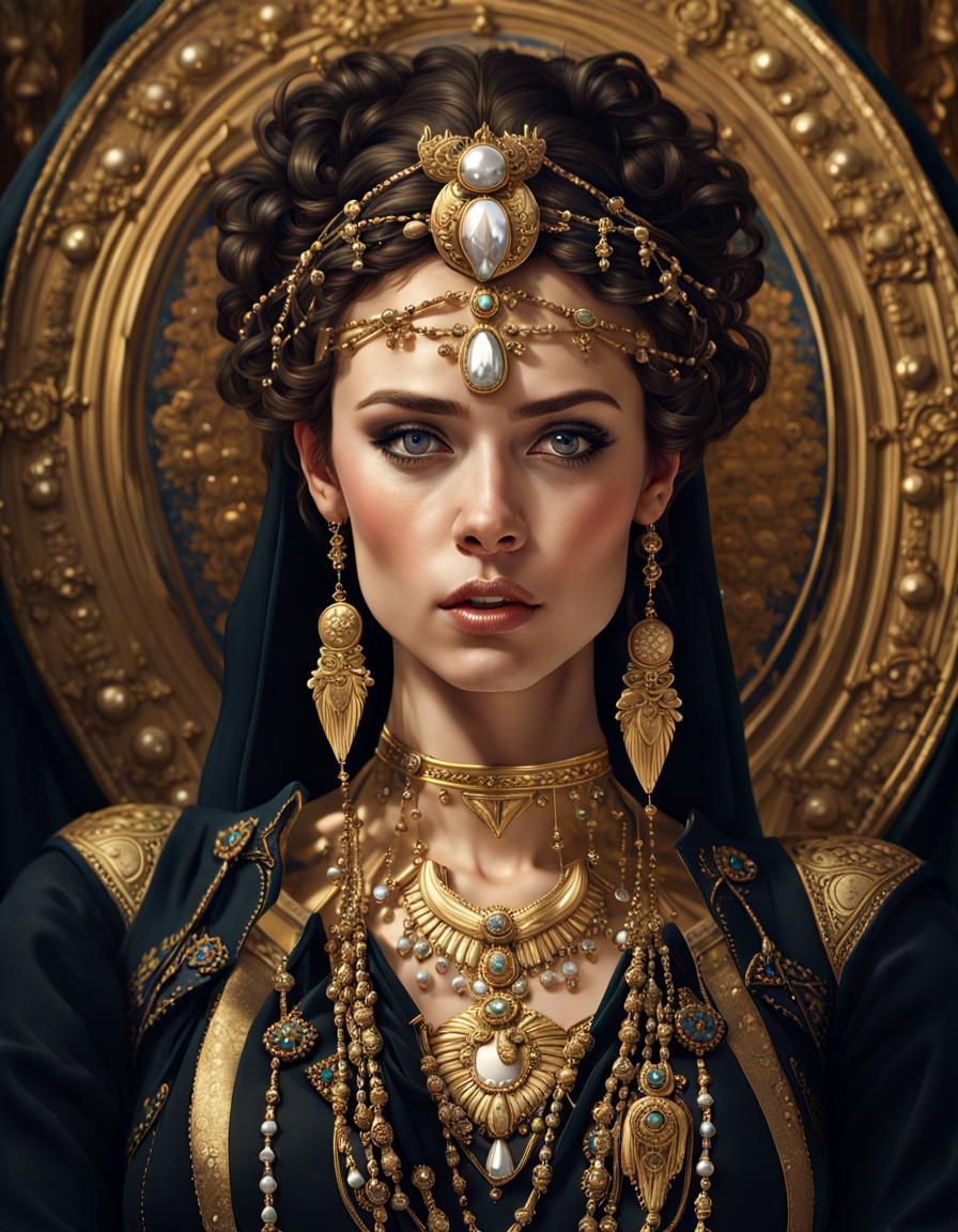 Gothic Woman in Black Dress with Gold Jewelry