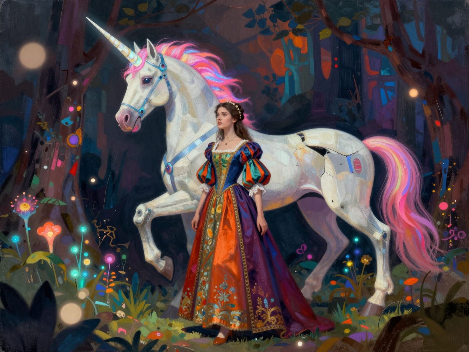 Renaissance Woman Meets Cyberpunk Unicorn in Surreal Forest