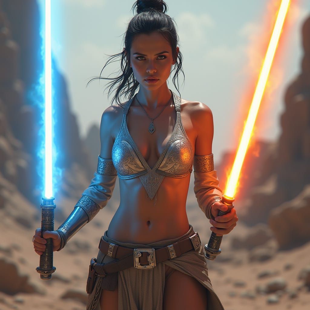 Realistic Sci-Fi Art of Rey in Metallic Bikini with Light Sa...