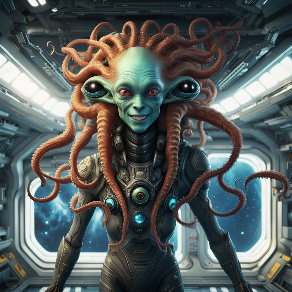 Three-Eyed Alien on Space Station: Detailed Digital Art