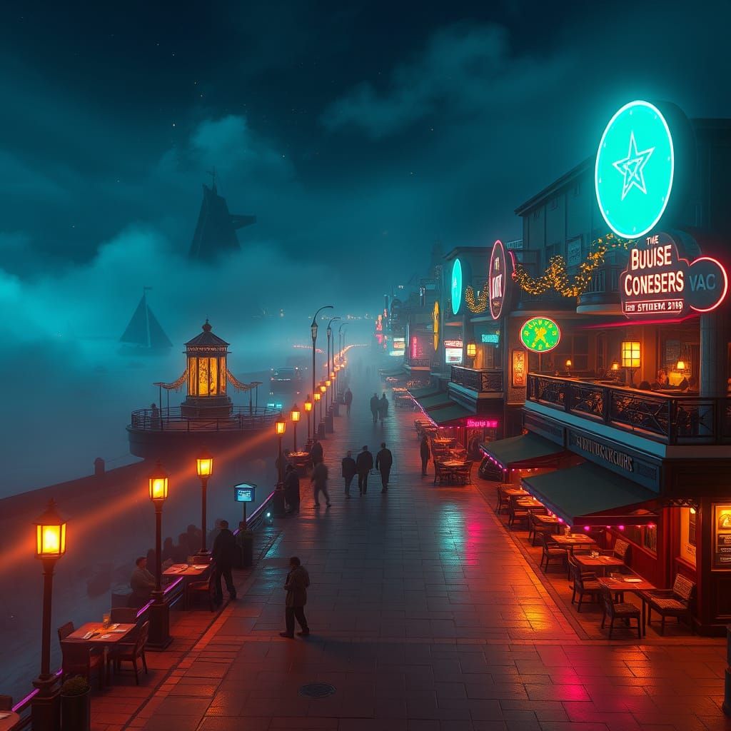 Magical Seaside Boulevard at Night with Neon Glow