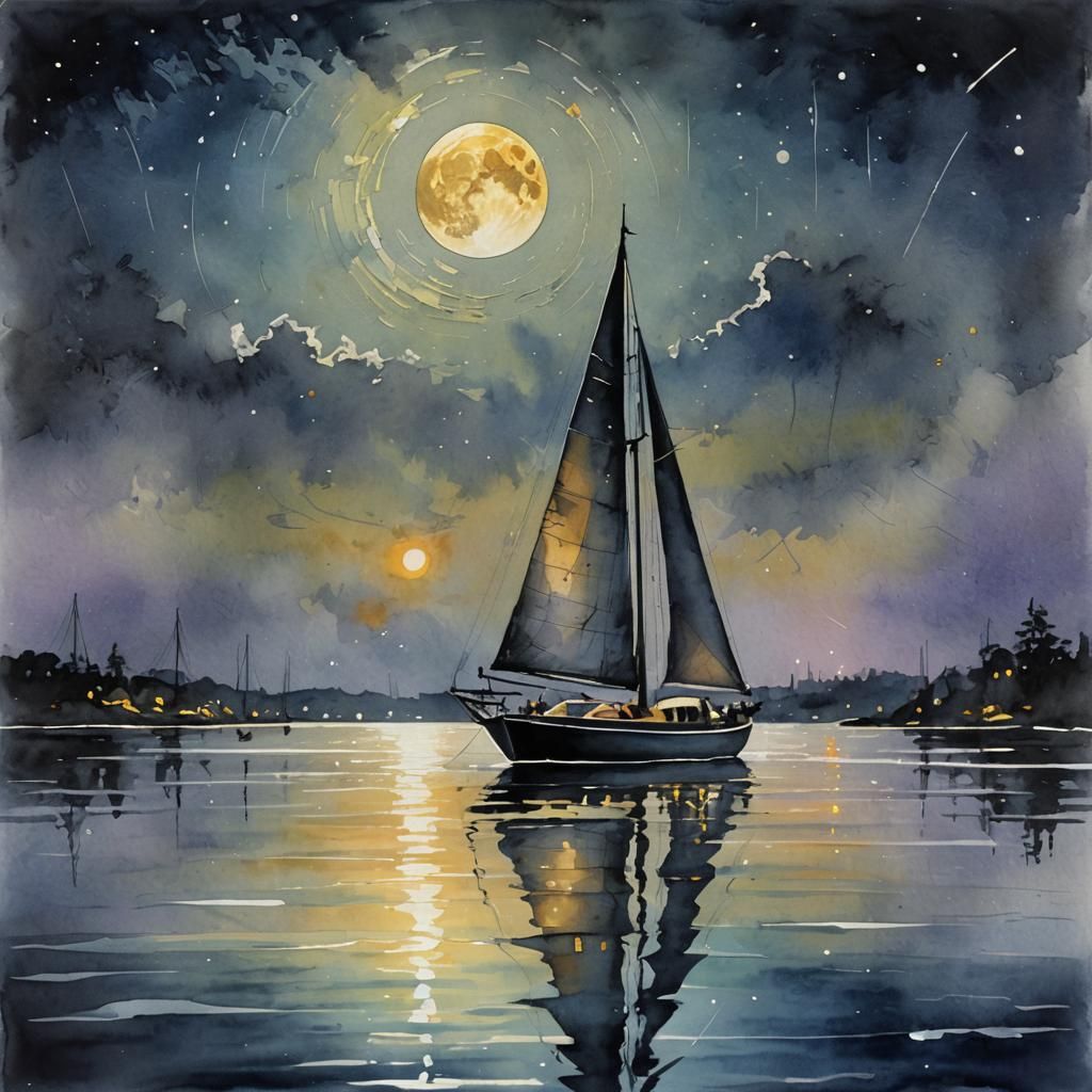Sailboat Silhouette Under Silver Moon in Impressionist Style