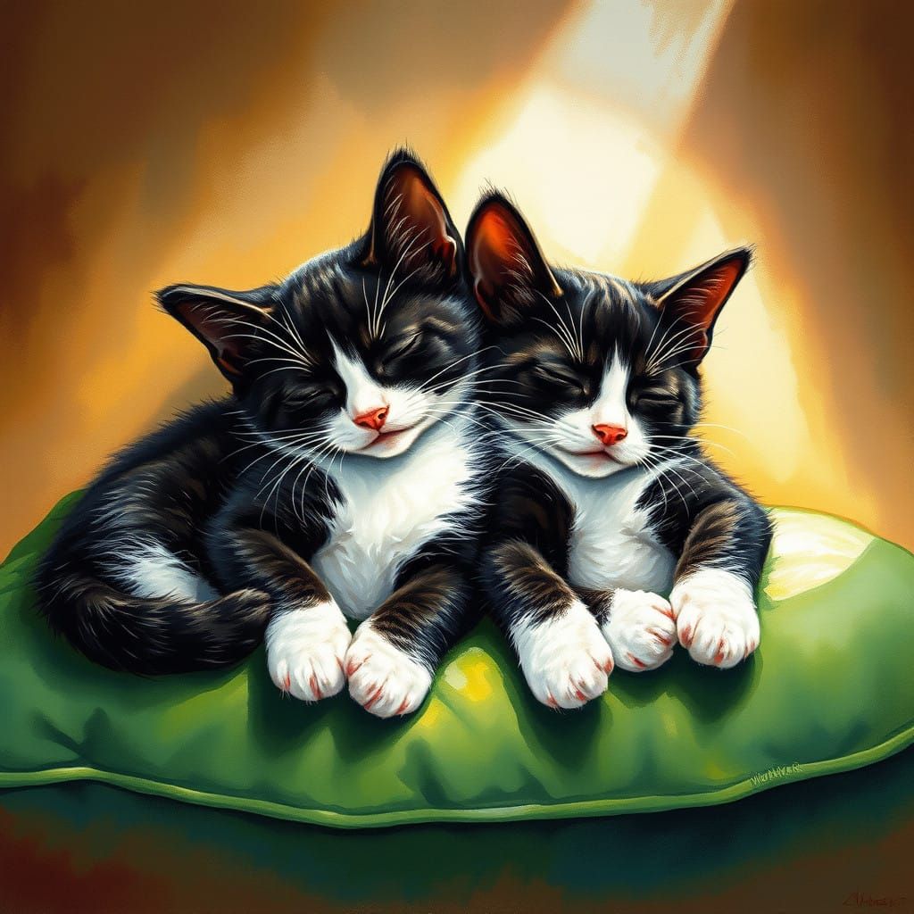 Sleeping Kitten Duo in Vibrant Impressionist Style