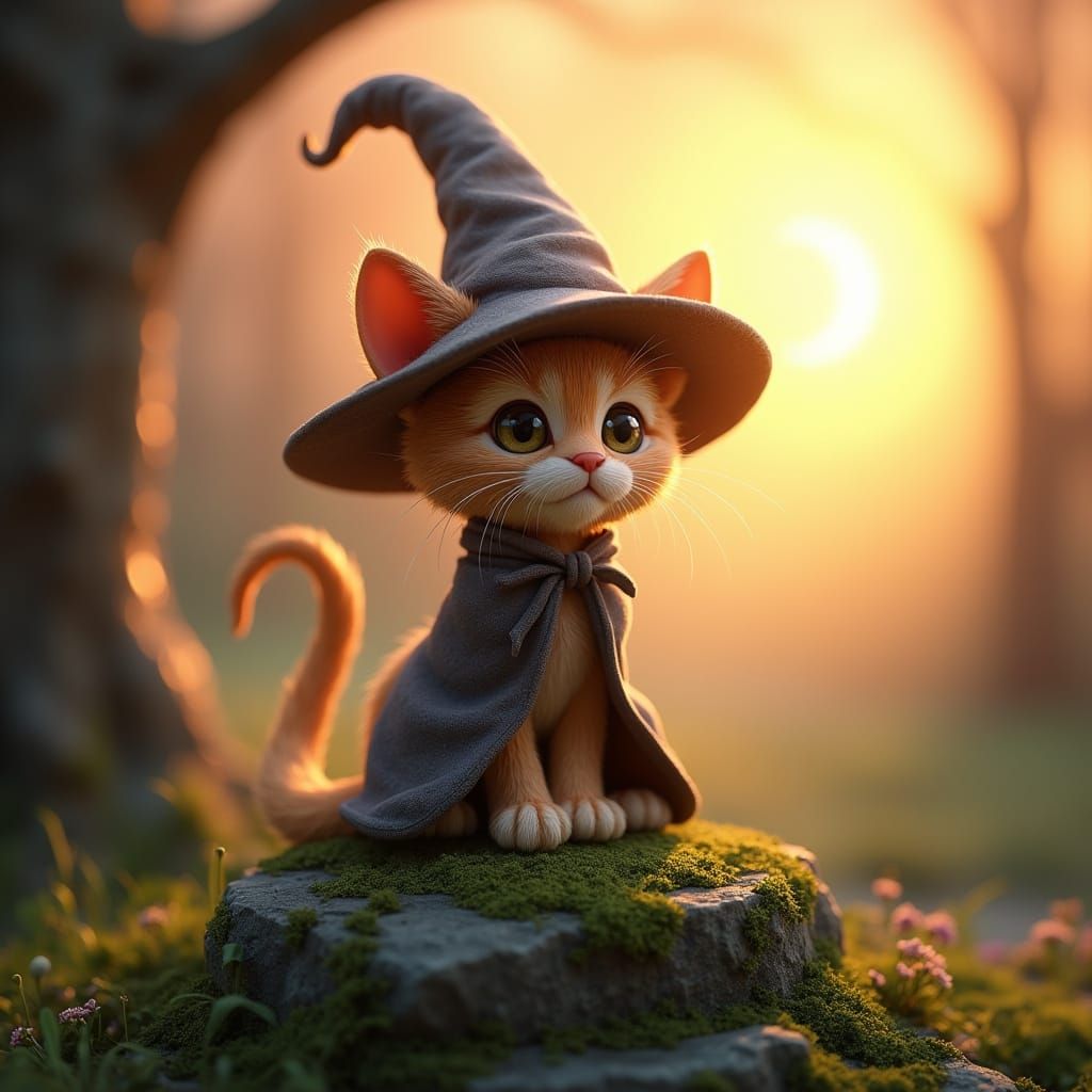 Pixar-Style Wizard Kitty Casts Spell Under Crescent Moon