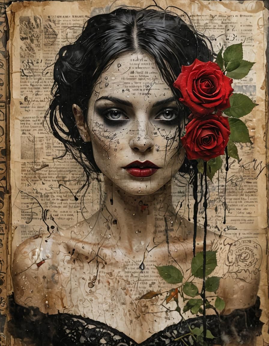Vampiress Portrait in Mixed Media Collage Style