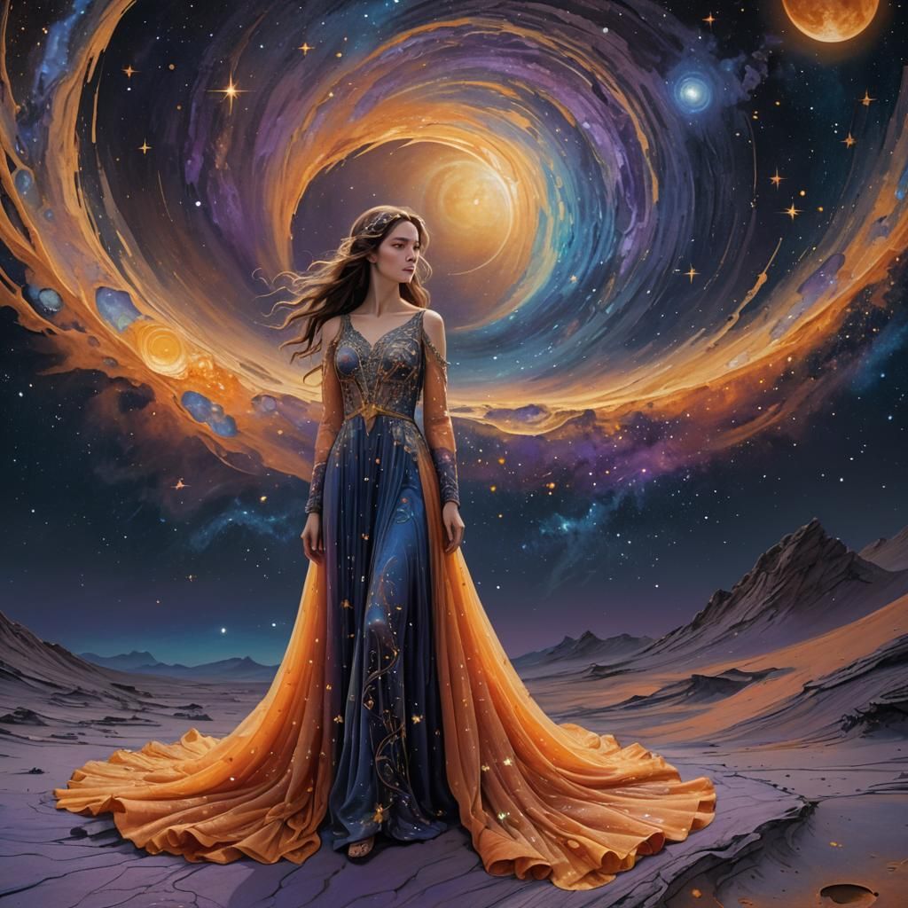 Celestial Girl on Moon in Surreal Style