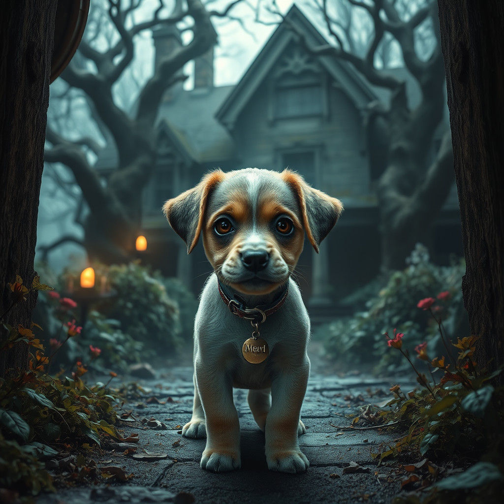 Abandoned Puppy at Mystical House in Matte Painting Style