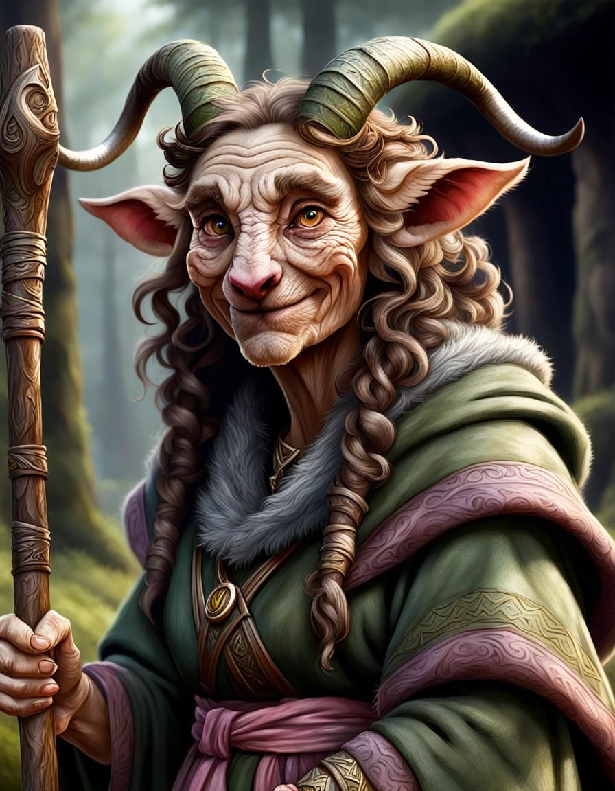 Elderly Firbolg Druid with Cane-Staff in Ethereal Style