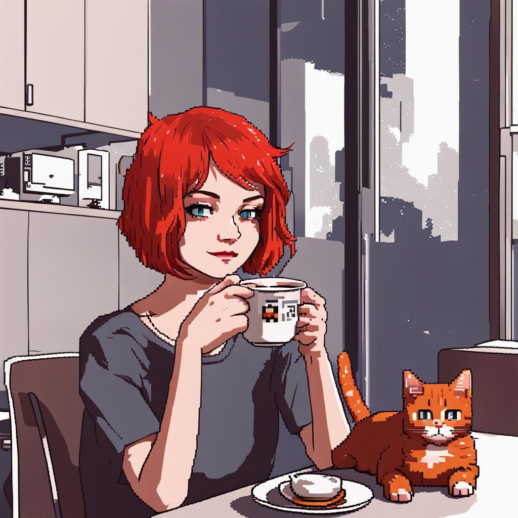 8-bit Redhead Girl Drinking Coffee with Cat